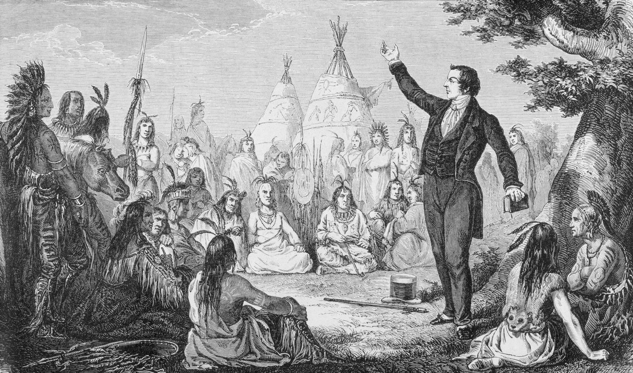 Joseph Smith, założyciel Kościoła Mormonów, Głoszenie dla Indian, z „La Vuelta al Mundo”, opublikowanej w Madrycie, 1865 (rycina) autorstwa Spanish School