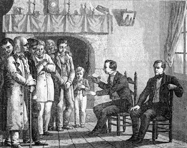 Józef Smith, Założyciel Kościoła Mormonów, czyta Księgę Mormona wczesnym nawróconym Mormona z „La Vuelta al Mundo”, opublikowanej w Madrycie autorstwa Spanish School