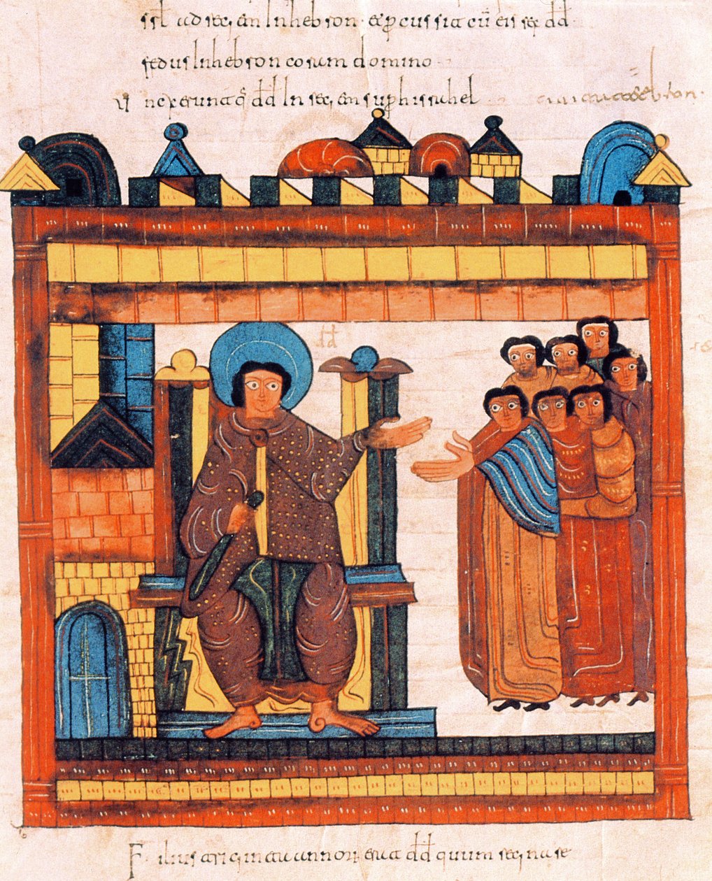 Król Dawid siedzący na tronie i otoczony swoim dworem, z Wizygotycko-Mozarabskiej Biblii św. Izydora, fol.126r., AD 960 (tempera na welinie) autorstwa Spanish School