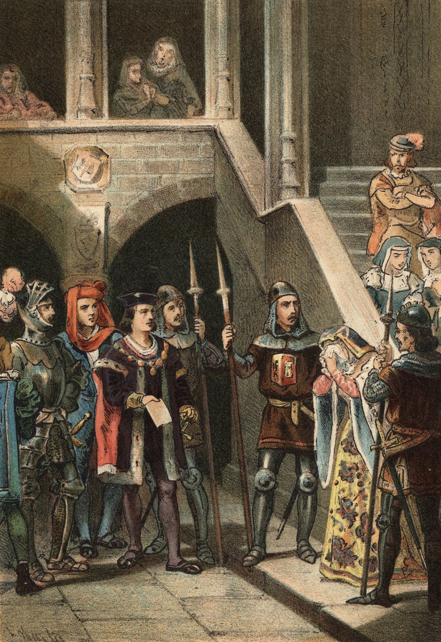 Leonor de Guzman, faworyt króla Alfonsa XI, zatrzymany i stracony przez Don Alfonso Fernandez de Olmedo, na rozkaz królowej Marii Portugalii, w XIV wieku. w „” Kult piękna”” autorstwa Juan Justo Huguet, redaktorzy Molinas Hermanos autorstwa Spanish School