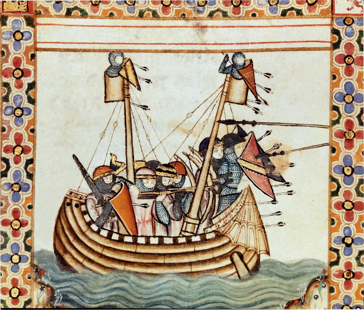 Les croises w drodze do oblężenia twierdzy Sarrazine Fragment jednej strony zaczerpnięty z rękopisu Pieśni Najświętszej Marii Panny (Cantigas de Santa Maria), zdobi miniatury poświęcone Najświętszej Marii Pannie i jej cudom, zbiór pieśni przeredagowanych p autorstwa Spanish School