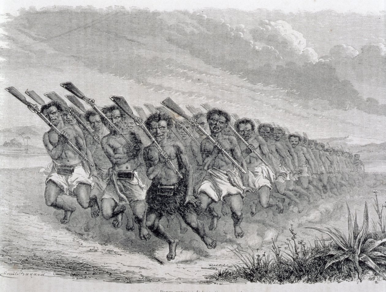 Wojownicy maoryscy wykonujący taniec wojenny, ilustracja z „Powrotu do świata” (rycina) autorstwa Spanish School