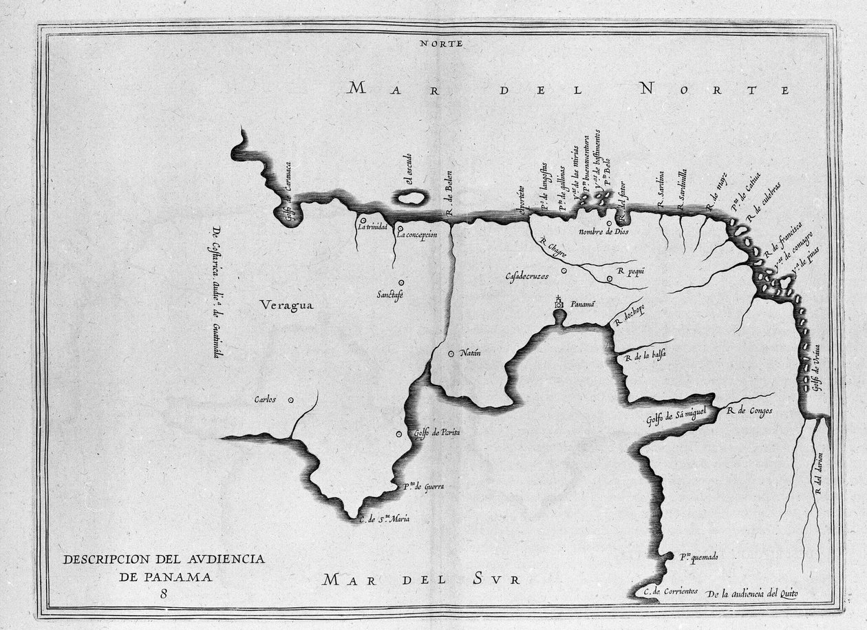 Mapa Ameryki Środkowej (Panama) z hiszpańskiego tomu wycieczek z początku XVII wieku. Mapa jest zorientowana na tryb antyczny (z północnego wschodu na wschód), a Ocean Atlantycki nazywa się Morzem Północnym i Pacyfikiem Południowym. autorstwa Spanish School