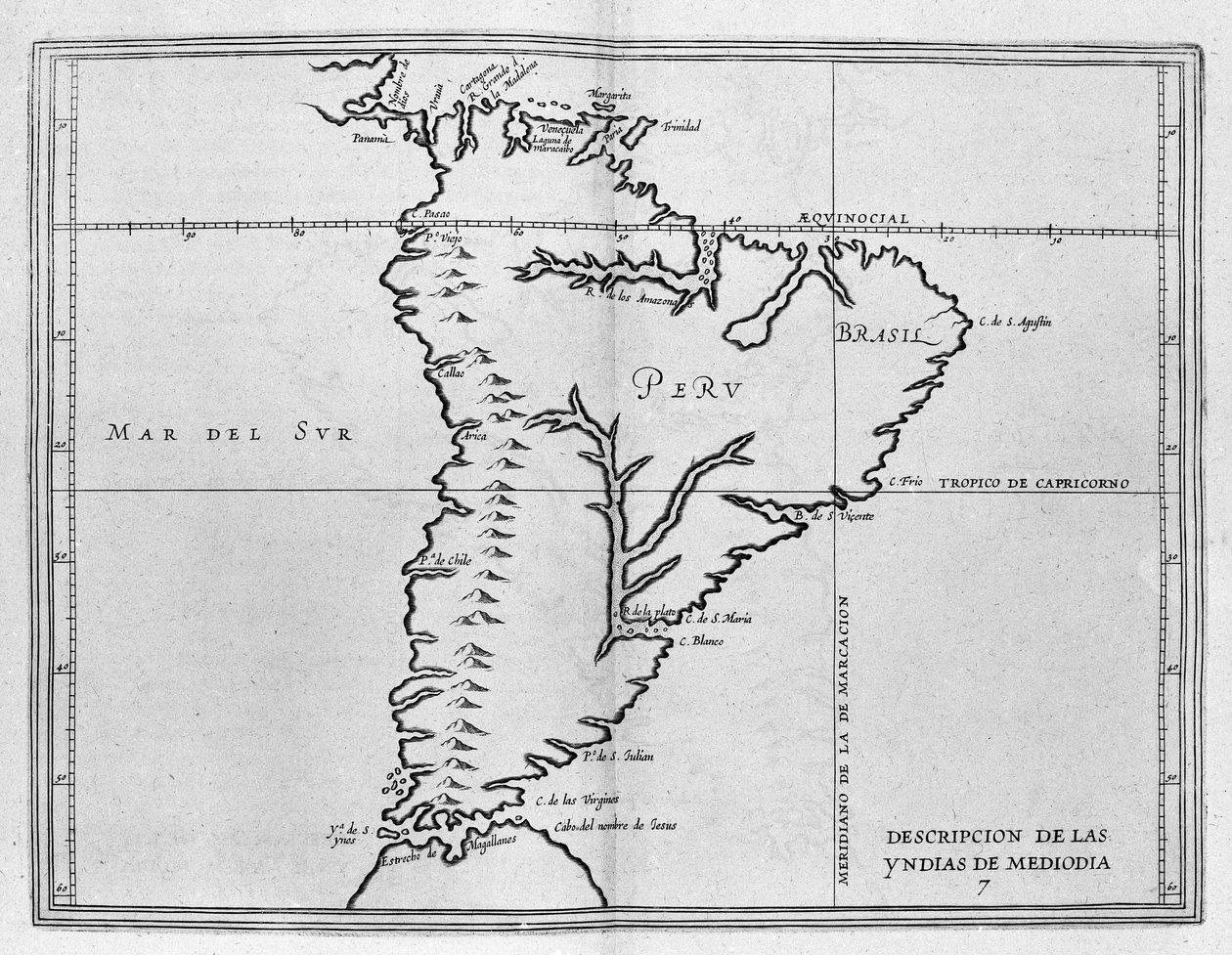 Mapa Meridionale America (Ameryka Południowa lub Ameryka Łacińska) z hiszpańskiego tomu wycieczek z początku XVII wieku. Ocean Spokojny nazywany jest Morzem Południowym, a kraje Peru i Brazylia są tak zwane, a także linia równika i autorstwa Spanish School