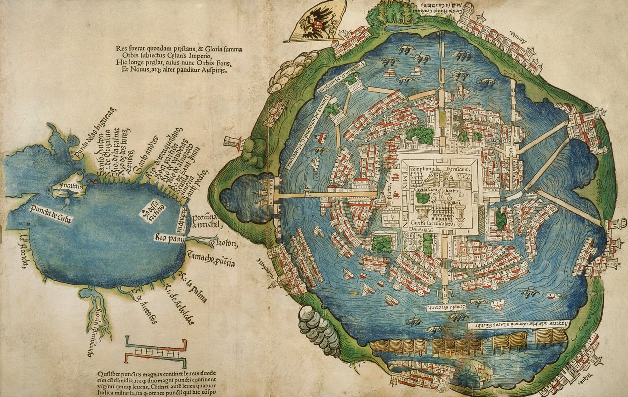 Mapa Tenochtitlan i Zatoki Meksykańskiej, z Praeclara Ferdinadi Cortesii de Nova maris Oceani Hyspania Narratio autorstwa Hernando Cortesa (1485-1547) 1524 autorstwa Spanish School