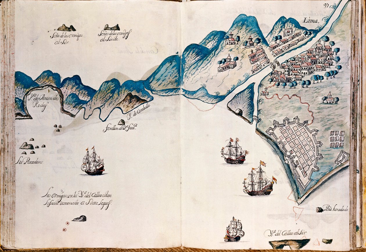 Mapa części Nowej Hiszpanii, wybrzeża Peru i miasta Lima, z „Mapy wybrzeży Ameryki na Morzu Południowym, od ostatniej populacji Hiszpanów w nich, czyli miasta Compostela, dalej” autorstwa Spanish School