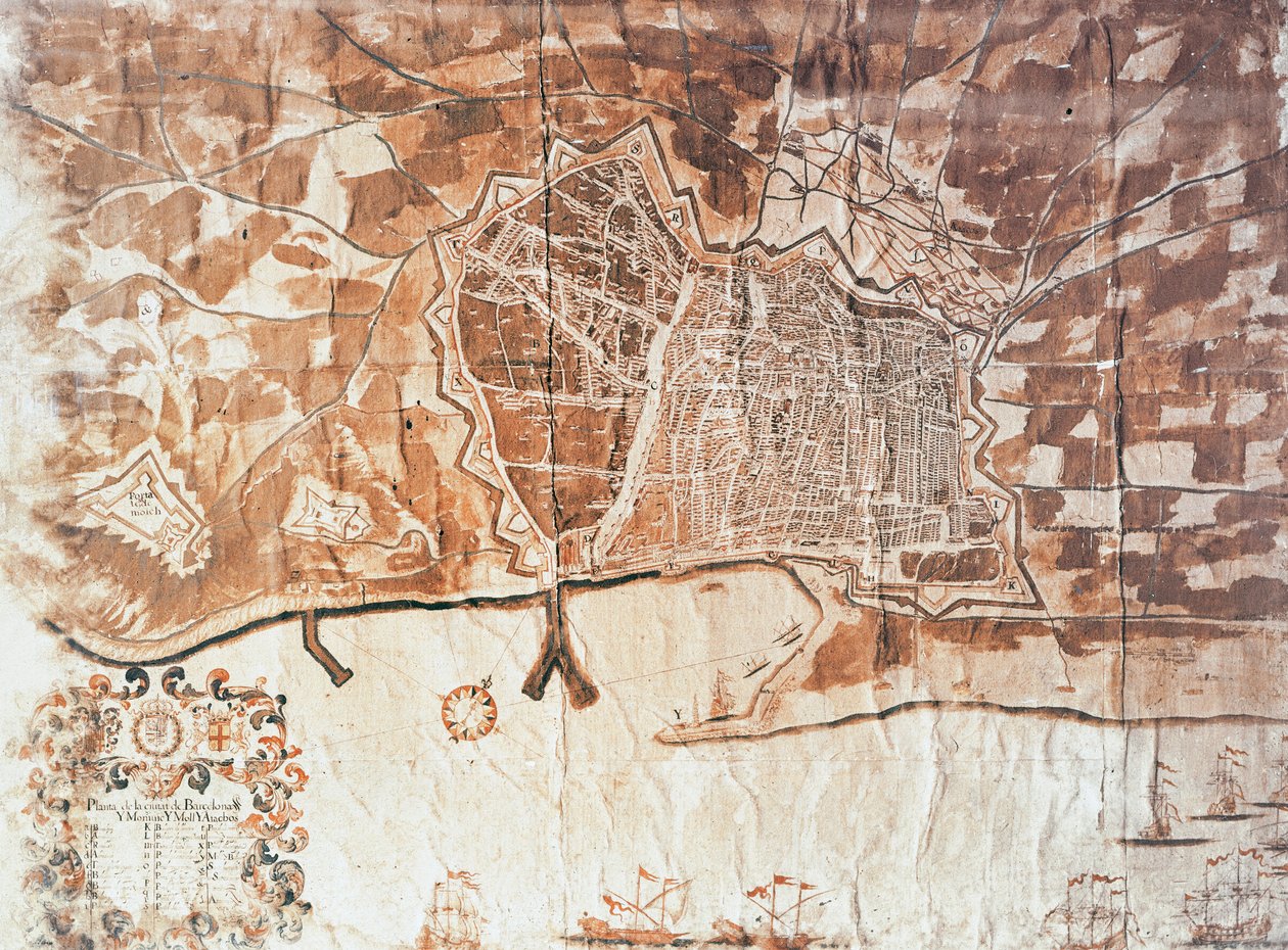 Mapa Barcelony, 1697 autorstwa Spanish School