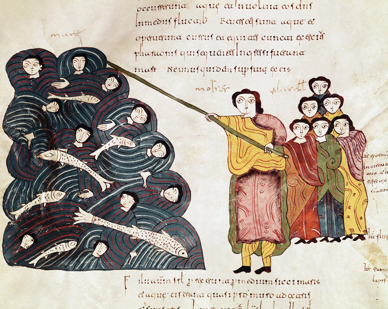 Mojżesz, po przeprowadzeniu ludu Izraela przez Morze Czerwone, patrzył, jak Egipcjanie toną. Miniatura z Biblii mozarabskiej. X wiek. Leona. Biblioteka Królewskiej Kolegiaty św. Izydora. autorstwa Spanish School