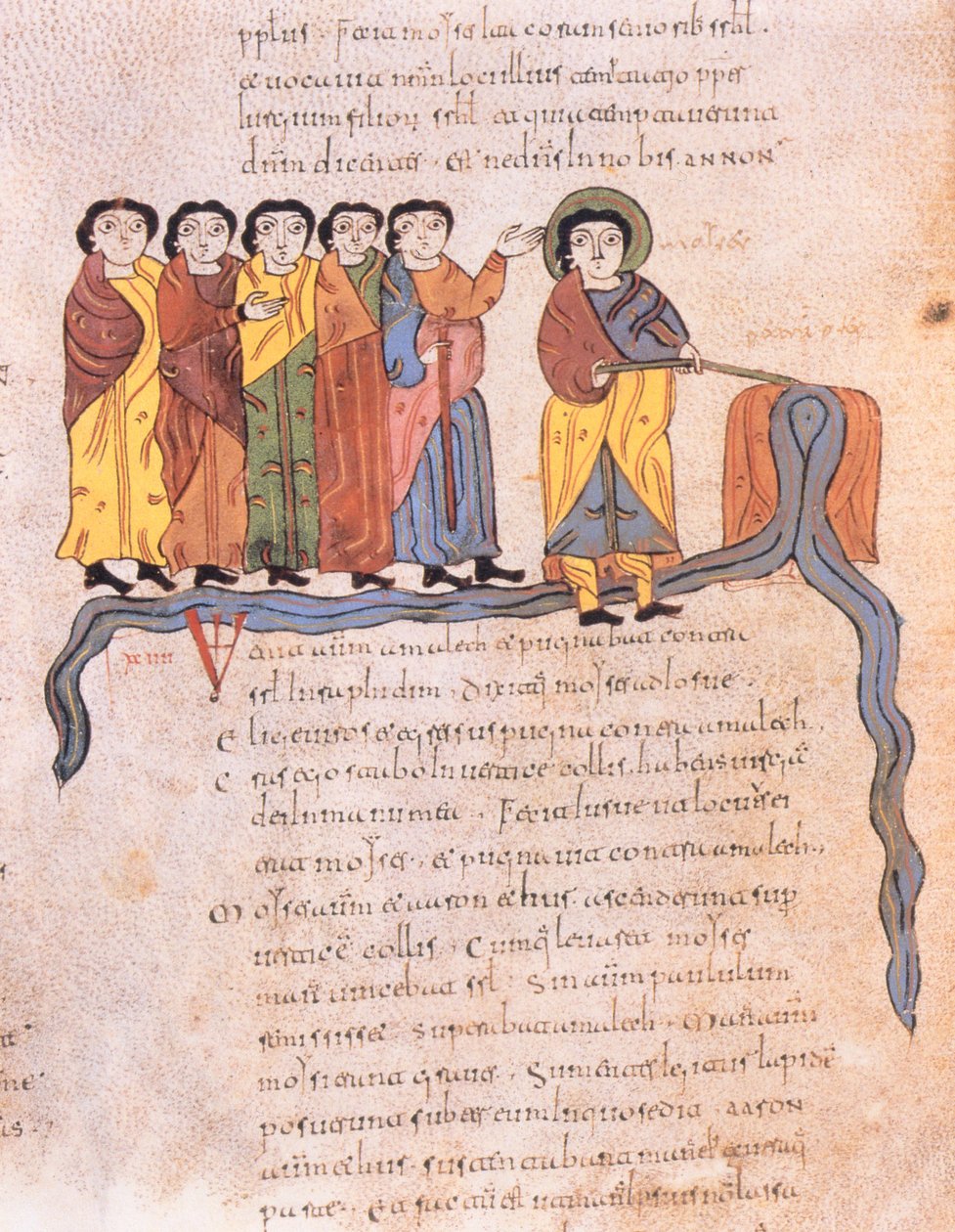 Mojżesz sprawia, że woda wypływa ze skał na Horeb, Exodus 17 1-7, z Wizygotycko-Mozarabskiej Biblii św. Izydora, fol.40v., AD 960 (tempera na welinie) autorstwa Spanish School
