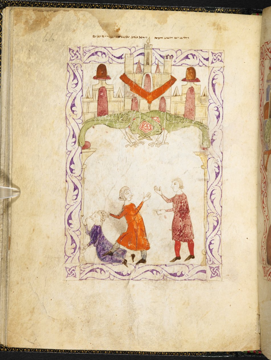 Mojżesz robi wyrzuty dwóm kłócącym się Izraelitom, Mojżeszowi w Egipcie, z Hispano-Moresque Haggadah, MS Or 2737, f.66r, f.1275-1324 (welin) autorstwa Spanish School