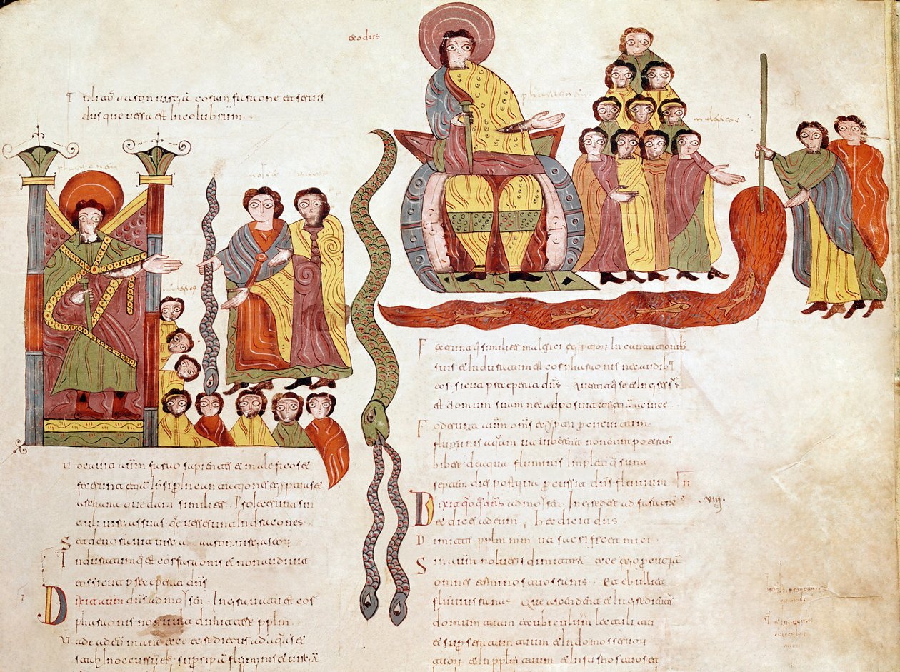 Strona biblii mozarabskiej: Plagi: woda zamieniła się w krew, strona z biblii mozarabskiej autorstwa Spanish School