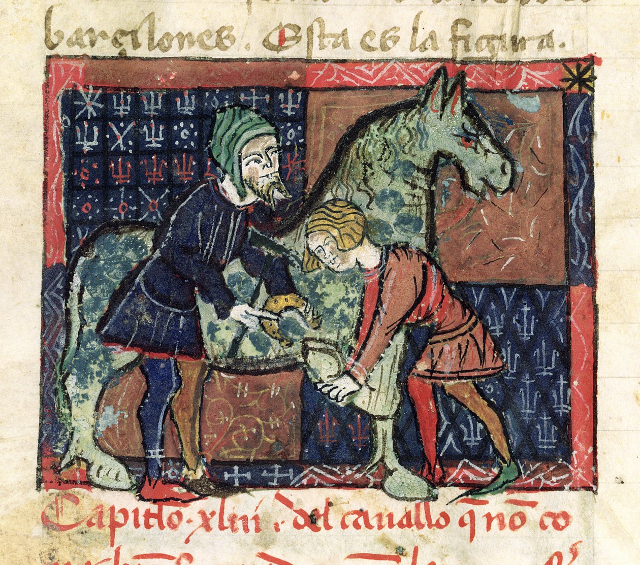 Ms 214 fol.46v Podkuwanie konia, z Libro de Menescalcia y Albeyteria autorstwa Juana Alvareza, c.1390 autorstwa Spanish School