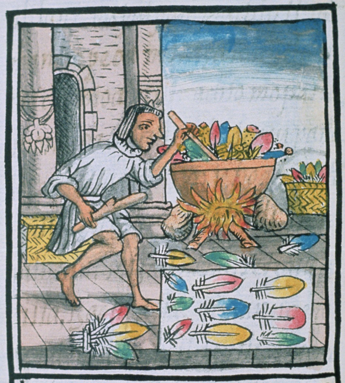 Pani Palat. 218-220 Azteccy rzemieślnicy farbujący pióra, z „Kodeksu florenckiego” Bernardino de Sahagun, ok. 1540–85 autorstwa Spanish School