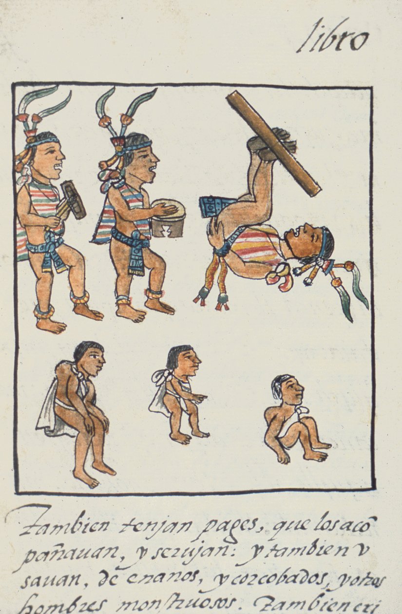 Pani Palat. 218-220 Księga IX Azteccy artyści, muzycy, żonglerzy i garbusy, z florenckiego kodeksu Bernardino de Sahagun, ok. 1540-85 autorstwa Spanish School
