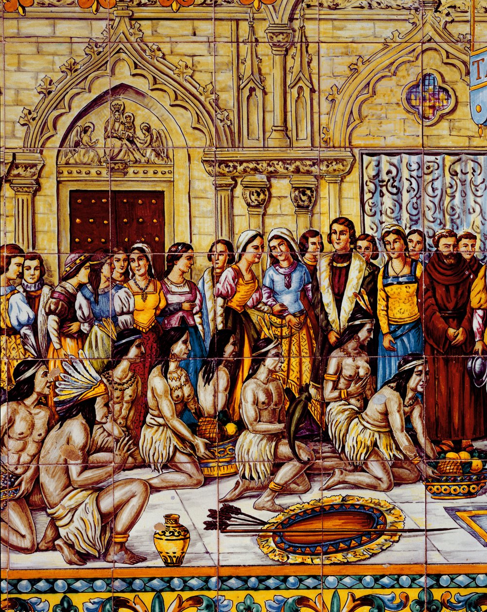 Rdzenni Amerykanie sprowadzili orszak Kolumba do Hiszpanii w 1492 r. (ceramika) autorstwa Spanish School