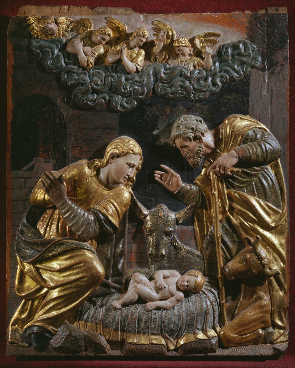 Narodzenia, fragment renesansowego ołtarza (drewno malowane i złocone) autorstwa Spanish School