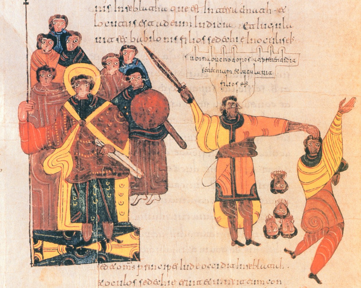 Nabuchodonozor nakazuje zabić synów buntownika Sedekiasza, fol.289v., z Wizygotycko-Mozarabskiej Biblii św. Izydora, n.e. 960 ( tempera na welinie) autorstwa Spanish School