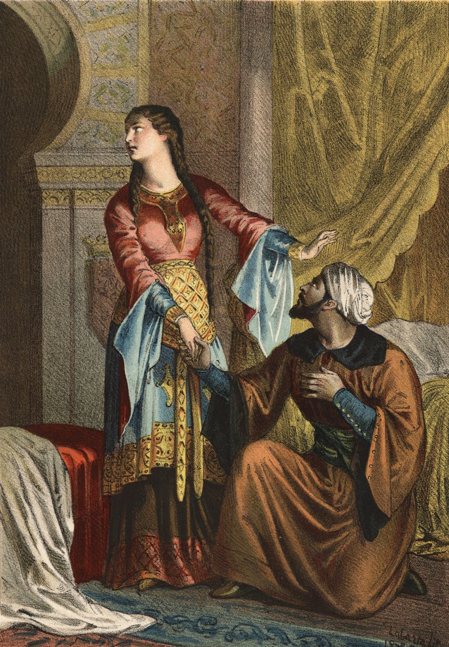 Omar, książę muzułmański, składający deklarację miłości Sancha Ona, hrabina Kastylii. w „Kultze piękna” Juana Justo Huguet, redaktorzy Molinas Hermanos autorstwa Spanish School