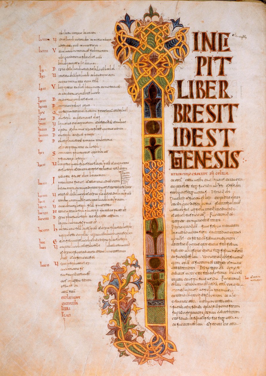 Pierwsza strona Księgi Rodzaju przez duże I z początku Biblii, In Principio creavit Deus caelum, z Wizygotycko-Mozarabskiej Biblii św. Izydora, for.14v., AD 960 (tempera o autorstwa Spanish School