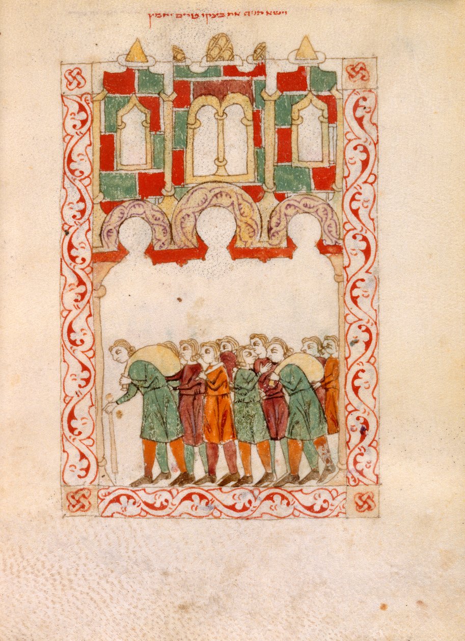 Lub. 2737, k.83v Scena z Wyjścia, z „Haggady hiszpańsko-morejskiej”, ok. 1300 (welum) autorstwa Spanish School