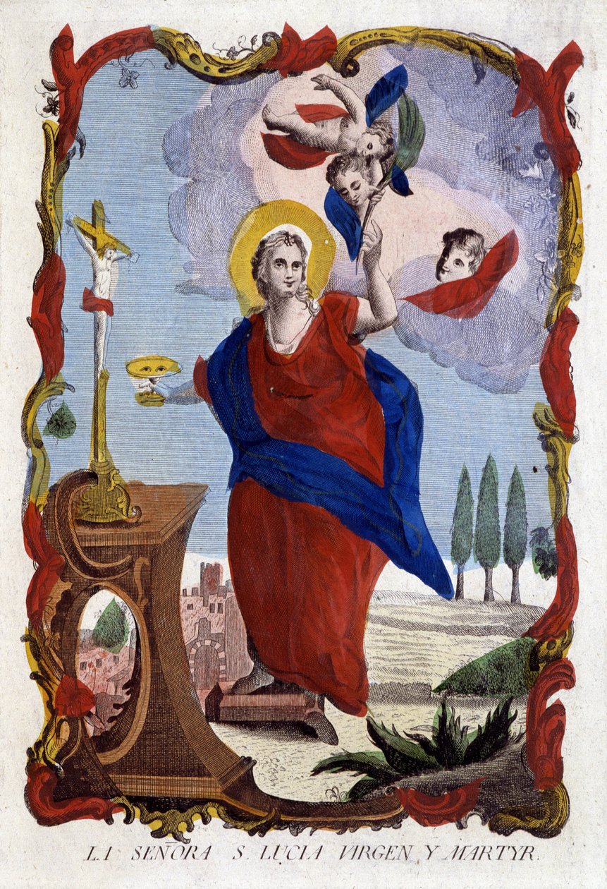 Portret św. Łucji (oczy na płasko i palma męczennika) - rycina hiszpańska autorstwa Spanish School