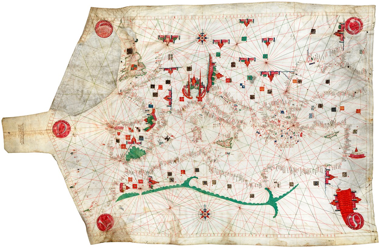 Portulana mapa Morza Śródziemnego i północno-wschodniego Atlantyku, jest to najstarsza portulana w zbiorach Narodowego Muzeum Morskiego. autorstwa Spanish School