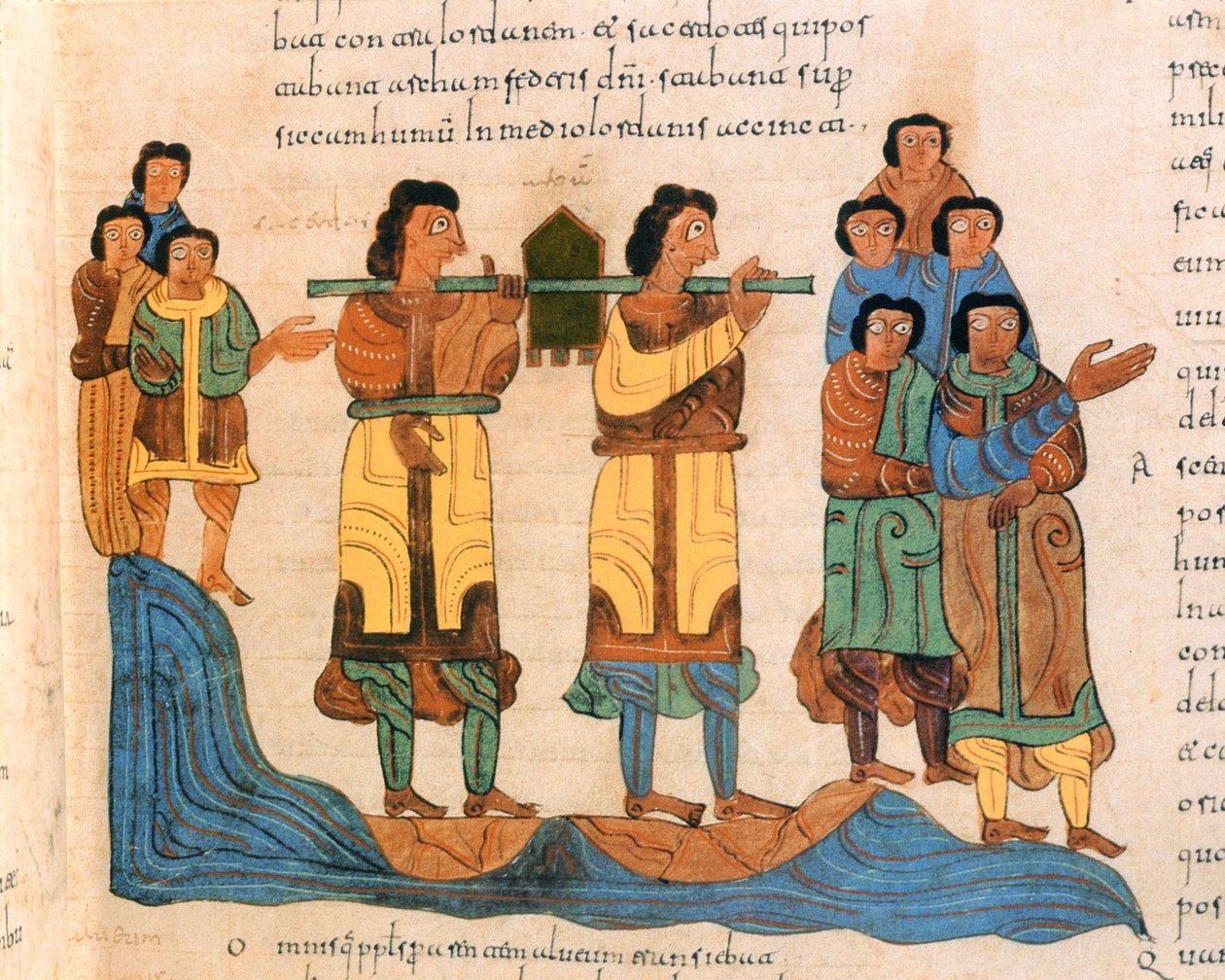 Kapłani niosą Arkę Przymierza przez rzekę Jordan, Wyjścia 16:6, z Wizygotycko-Mozarabskiej Biblii św. Izydora, fol.90r., AD 960 (tempera na welinie) autorstwa Spanish School