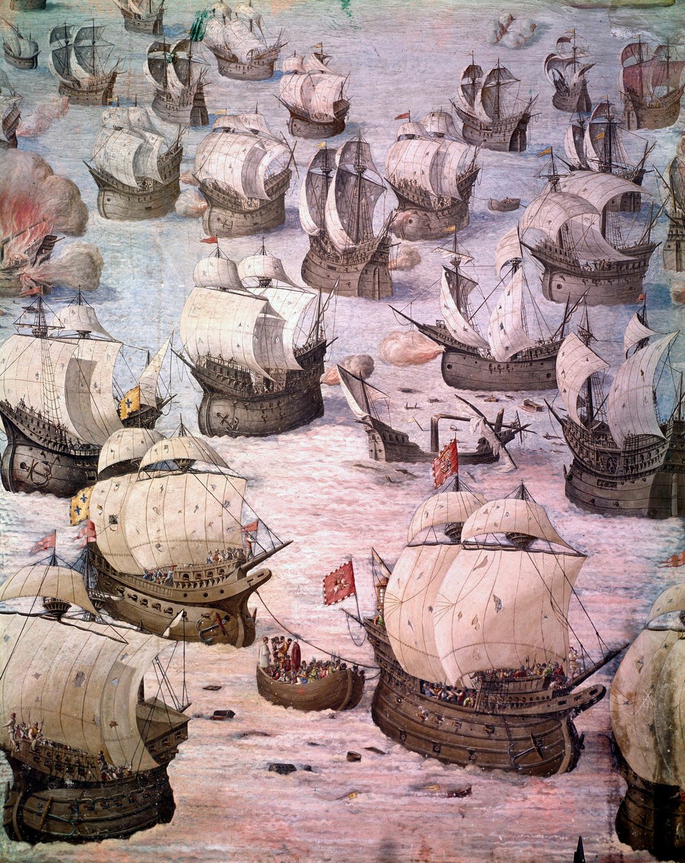 Regaty hiszpańskich galeonów podczas wyprawy na Akory w 1582 roku pod dowództwem Filipa II (1527-1598), króla Hiszpanii. Fresk z XVI wieku. Sala bitew, Pałac Escorial, Madryt. autorstwa Spanish School