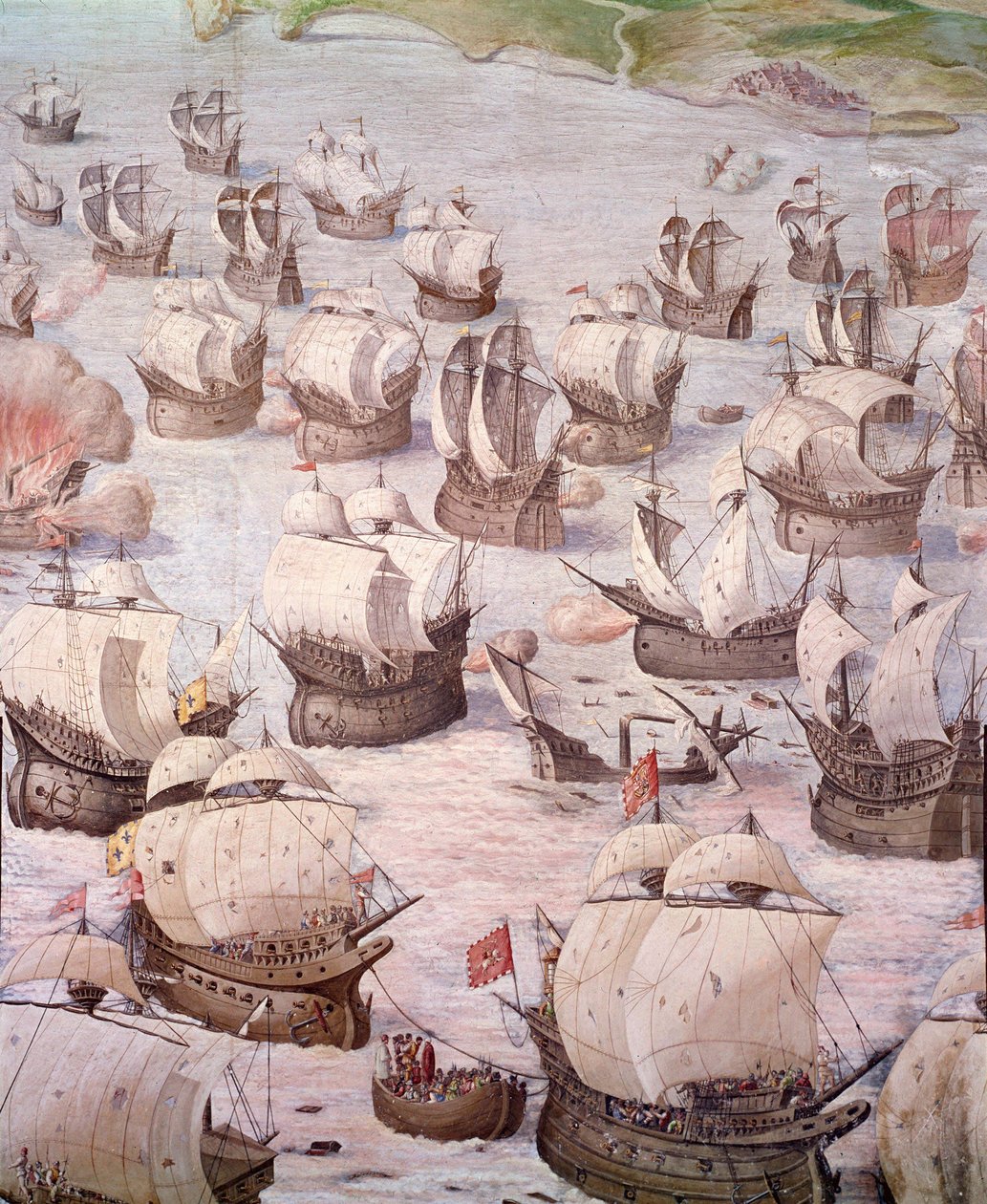 Regaty hiszpańskich galeonów podczas wyprawy na Akory w 1582 roku pod dowództwem Filipa II (1527-1598), króla Hiszpanii. Fresk z XVI wieku. Sala bitew, Pałac Escorial, Madryt. autorstwa Spanish School