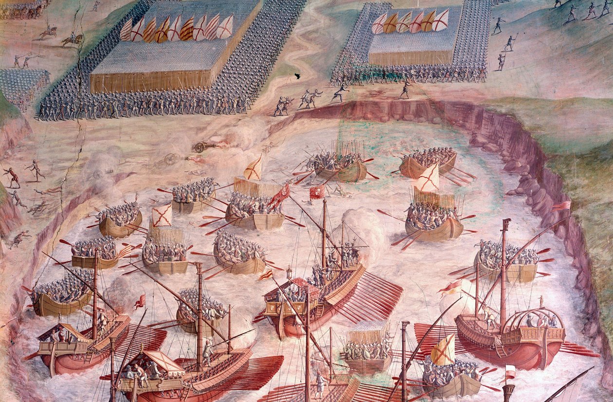 Regaty hiszpańskich galeonów podczas wyprawy na Akory w 1582 roku pod dowództwem Filipa II (1527-1598), króla Hiszpanii. Fresk z XVI wieku. Sala bitew, Pałac Escorial, Madryt. autorstwa Spanish School