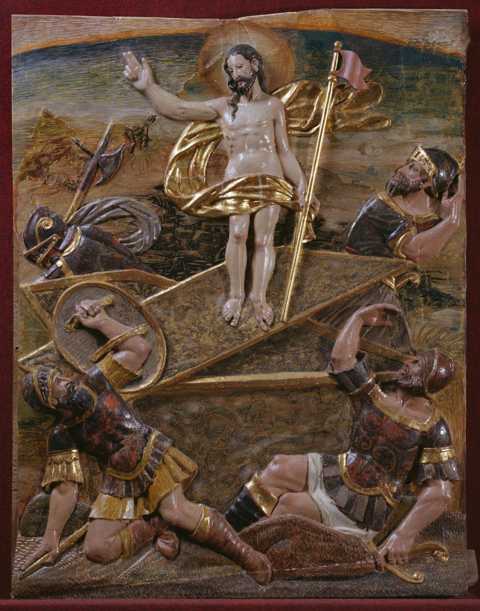 Zmartwychwstanie, fragment renesansowego ołtarza (drewno malowane i złocone) autorstwa Spanish School