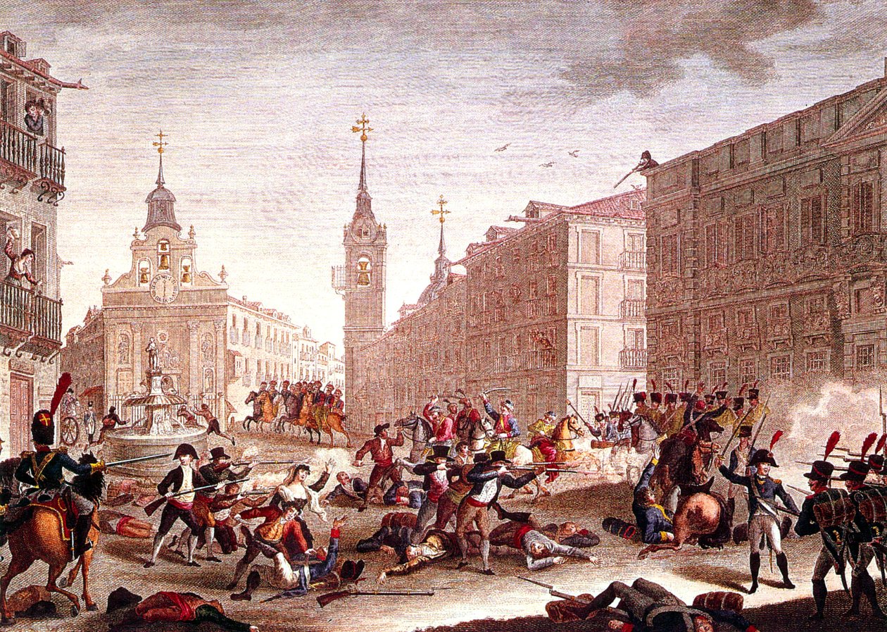 Zamieszki przeciwko wojskom napoleońskim, Madryt, maj 1808 r. (kolorowa rycina) autorstwa Spanish School