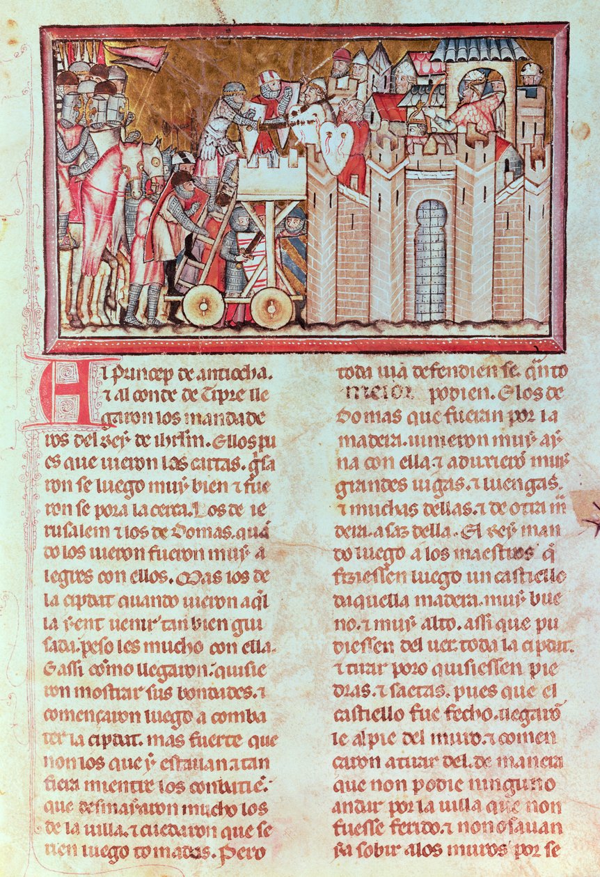 Oblężenie i szturm miasta Belina, bronionego przez króla Aynarta, z rękopisu „Gran conquista de ultramar” (wellum) autorstwa Spanish School
