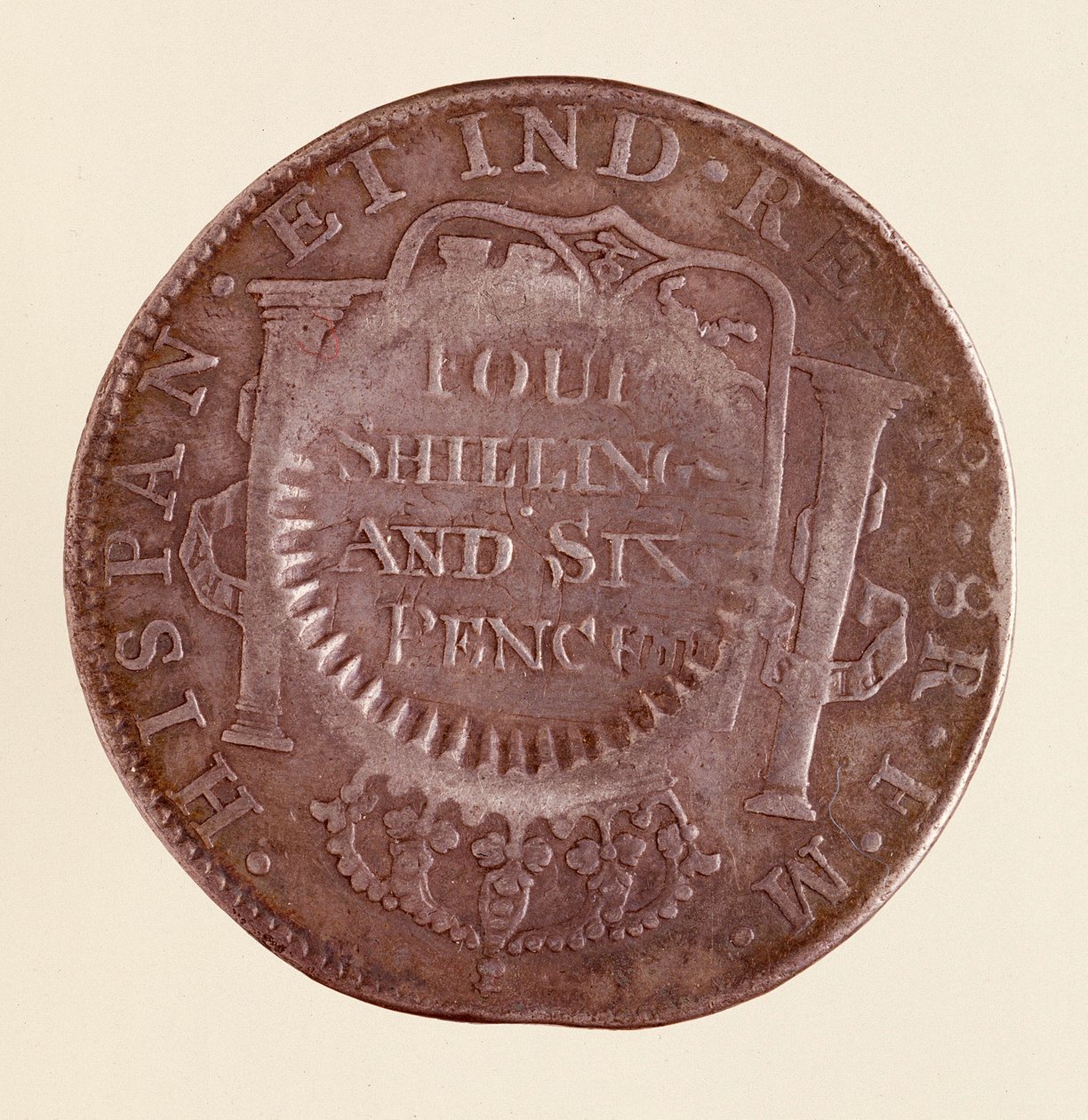 Srebrna moneta (8 reali) z Hiszpanii: panowanie Karola III (1759-1788). 1777 z kontrasygnatem z 1787 r. Śr. 3,9 cm Neapol, muzeum archeologiczne autorstwa Spanish School