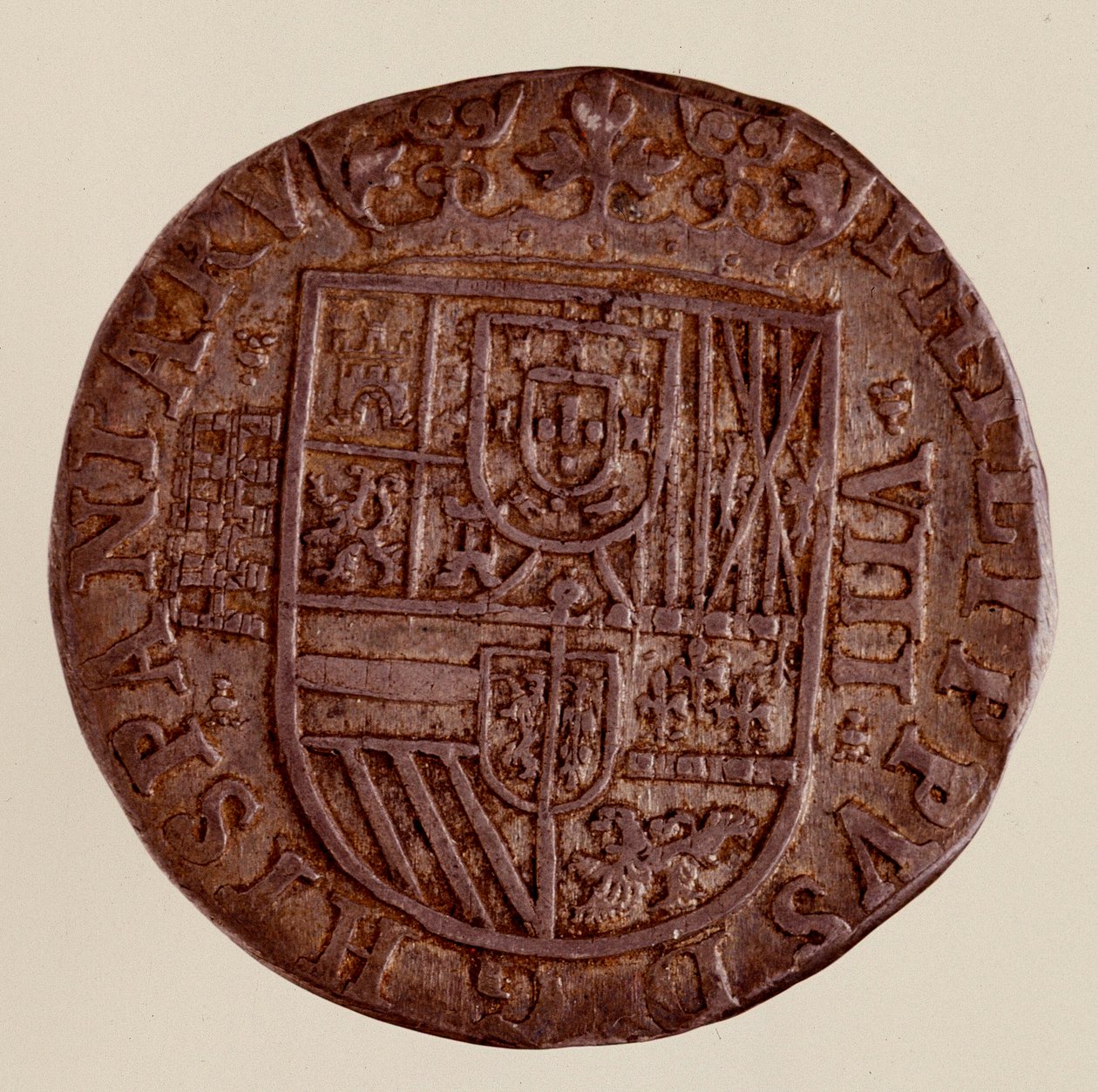 Srebrna moneta (8 reali) z Hiszpanii: panowanie Filipa (Filippo lub Filipa) II (1556-1598). 1589 śr. 3,5 cm Neapol, muzeum archeologiczne autorstwa Spanish School