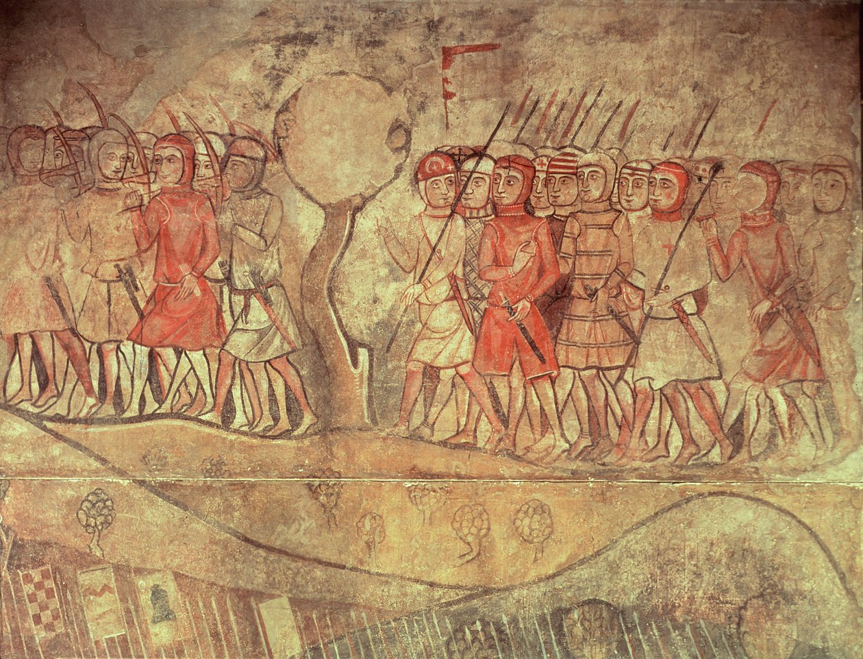 Żołnierze z armii króla Jakuba I (1208-76) grupa piechoty z łukami i włóczniami, fragment muralu z dawnego Palacio Reale, Barcelona (malarstwo ścienne) autorstwa Spanish School