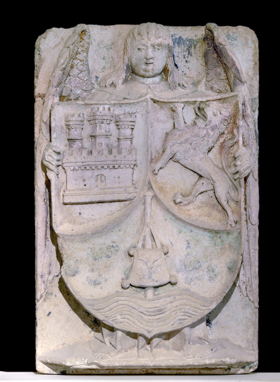 Naszywka hiszpańska z XIV wieku: herb Kastylii i Leona, laska peleryny evoque Saint Jacques de Compostela, zachowana w opactwie cystersów w Fontenay, Burgundia (herb Kastylii i Leon, Hiszpania autorstwa Spanish School
