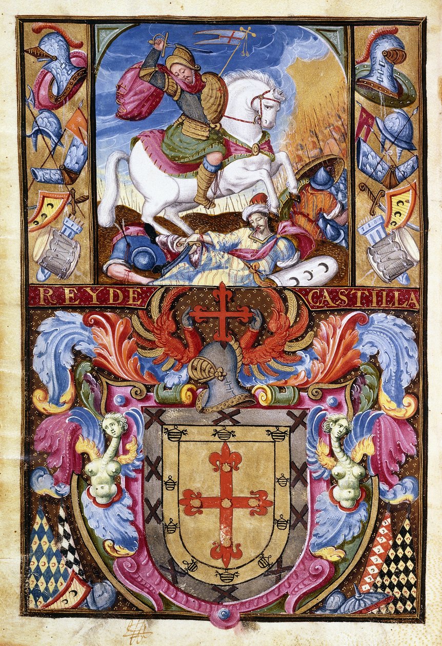 St.James na białym koniu jadący nad zwłokami Maurów i herbem rodziny Gomez, 1606 autorstwa Spanish School