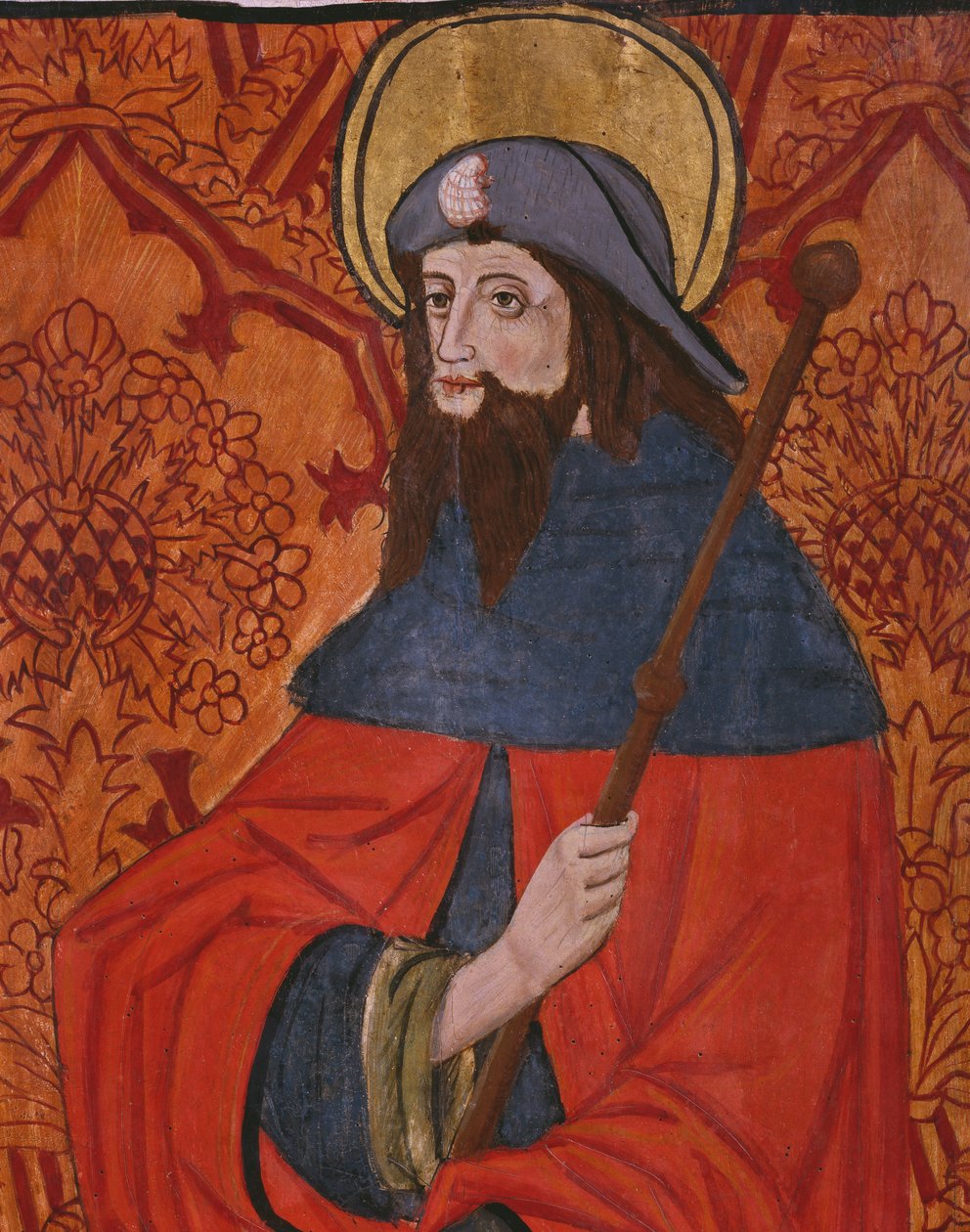 Św. Jakub Wielki, detal, płycina z kościoła San Andres z Tortura, koniec XV w.-pocz. XVI w. (drewno malowane) (zob. też 345848) autorstwa Spanish School