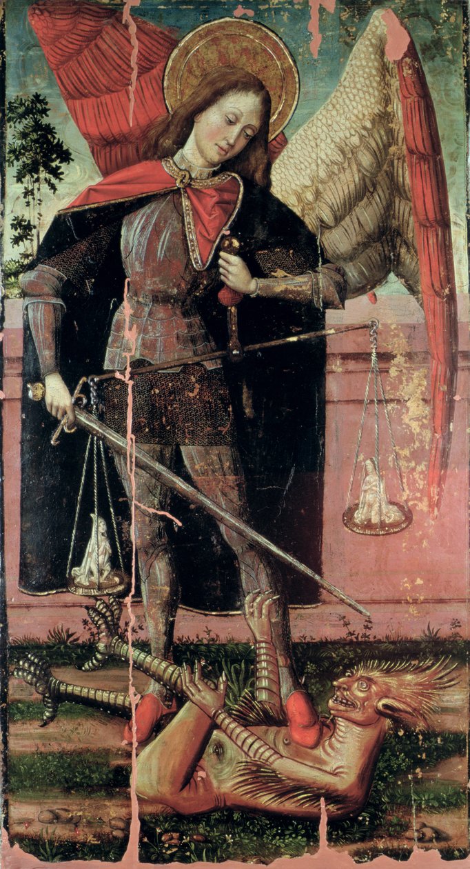 Św. Michał Ważenie Dusz (tempera na panelu) autorstwa Spanish School