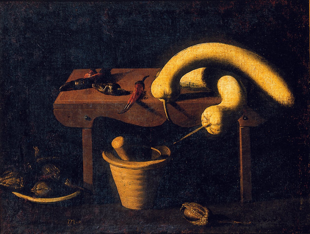 Martwa natura z papryką i dyniami na ławce z moździerzem i tłuczkiem i martwymi ptakami, ok. 1620 (olej na płótnie) autorstwa Spanish School
