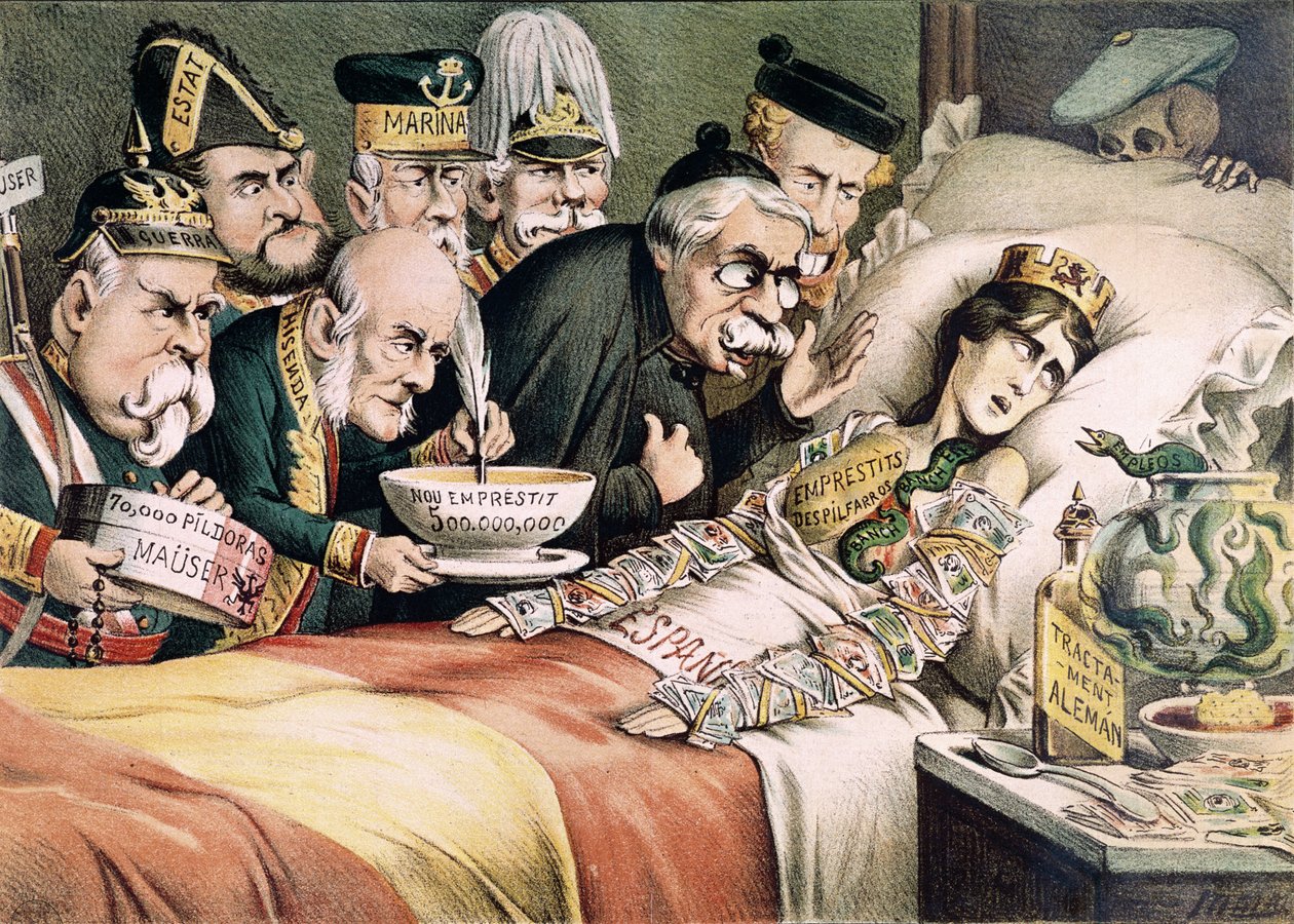 Agonia męczennika, karykatura związana z hiszpańskim kryzysem gospodarczym, 1892 autorstwa Spanish School
