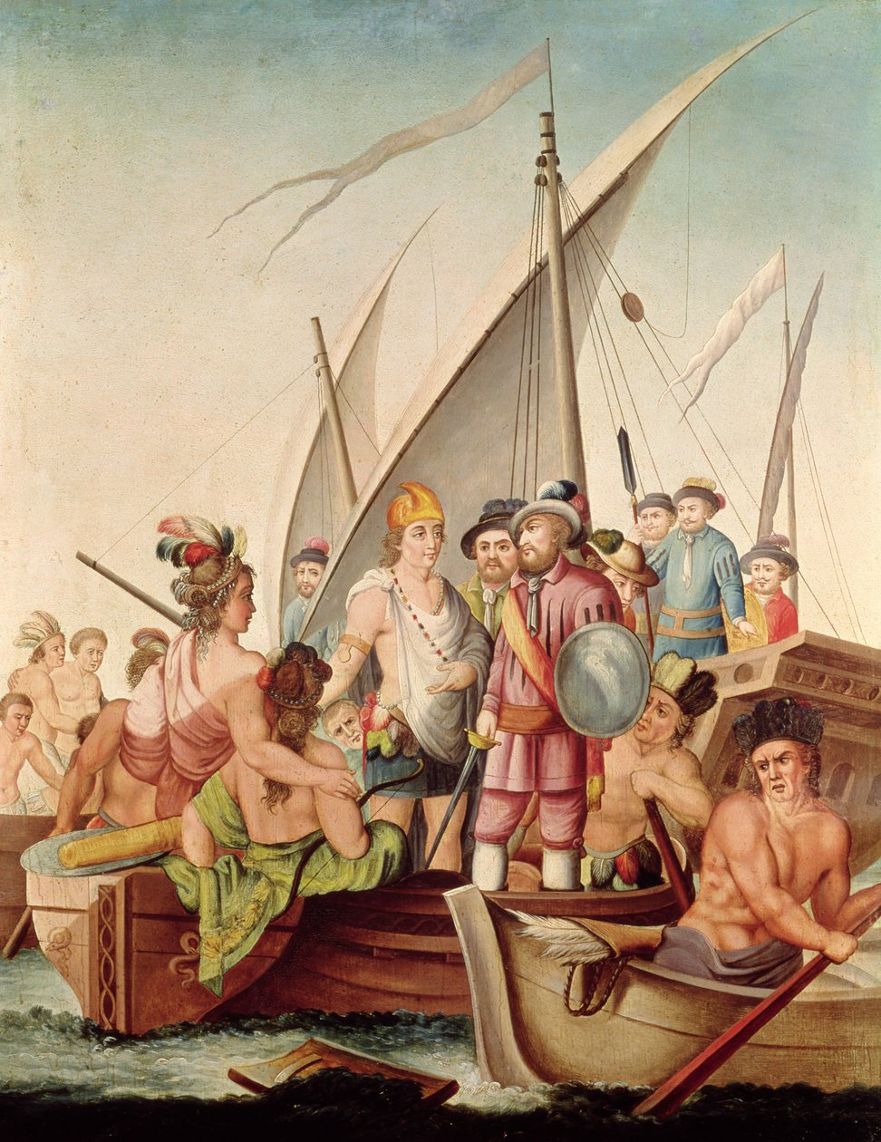Przybycie Hernando Cortesa (1485-1547) w Meksyku autorstwa Spanish School