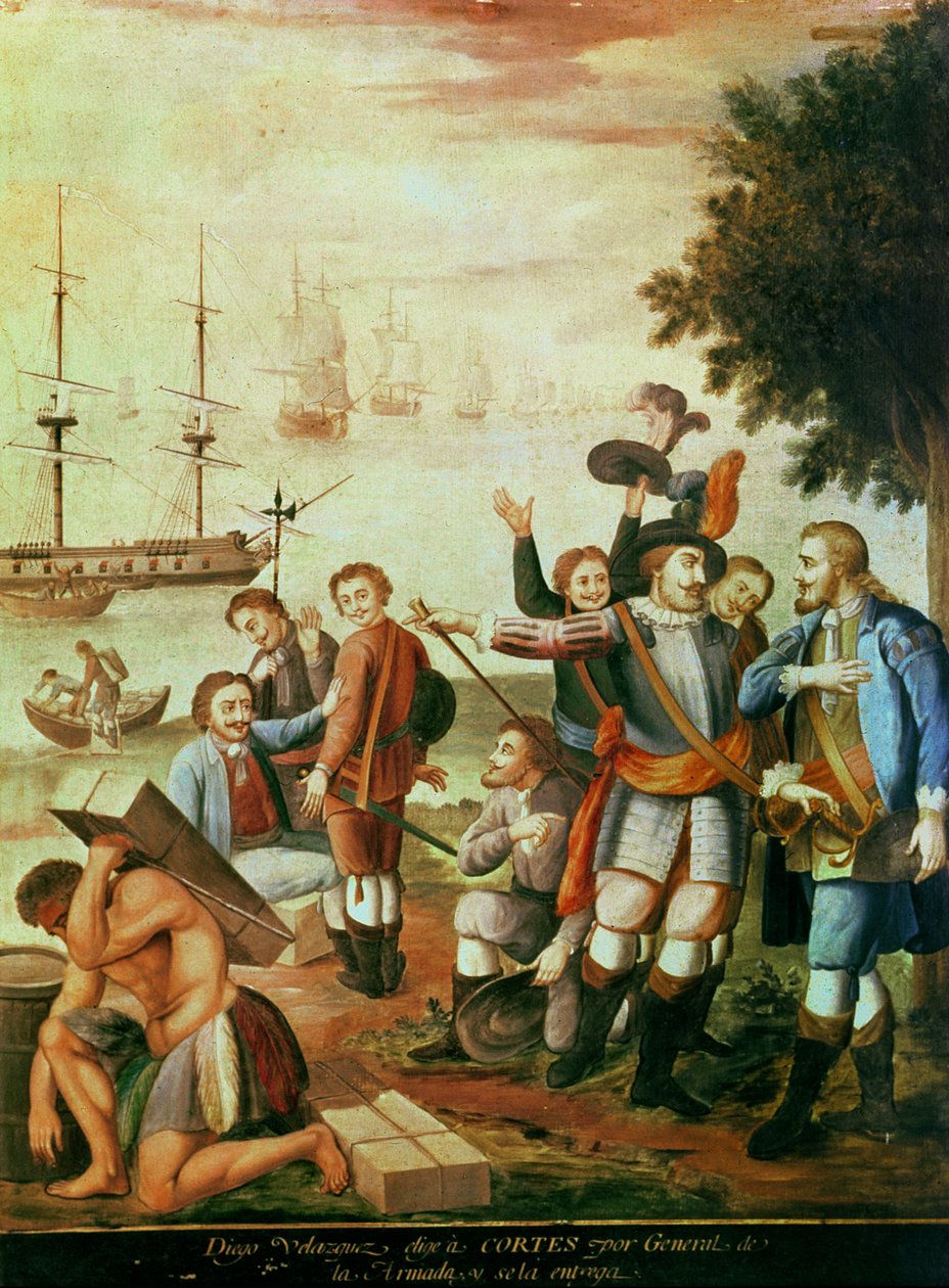 Podbój Meksyku: Diego Velasquez de Cuellar (1465-1524) wybiera Hernando Cortesa (1485-1547) na generała Armady i przekazuje mu dowództwo (olej na płótnie) autorstwa Spanish School