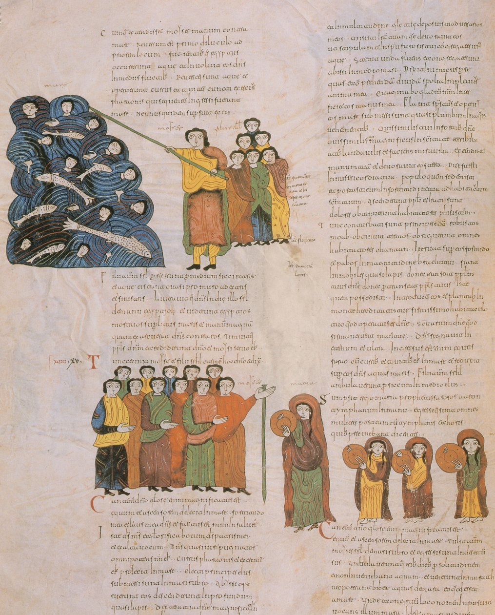Przejście przez Morze Czerwone i taniec kobiet hebrajskich przy dźwiękach tamburynów Mojżesza i jego akompaniatorów, z Wizygotycko-Mozarabijskiej Biblii św. autorstwa Spanish School