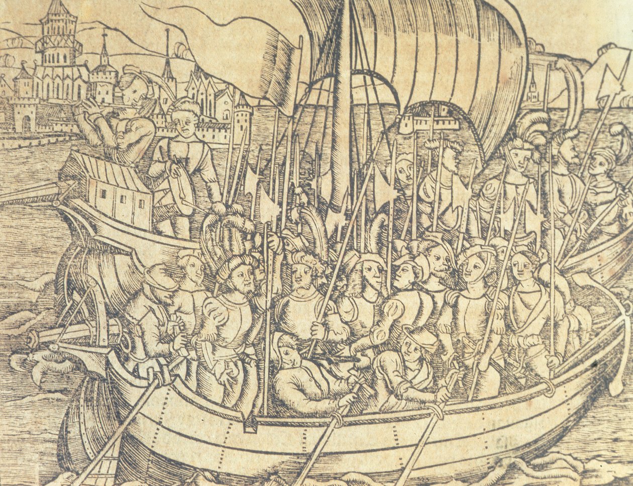 Odkrycie Nowego Świata autorstwa Chrisophera Columbusa (1450-1596) ilustracja z „Ogólnej historii Indii i Nowego Świata” autorstwa Francisco Lopeza de Gomara (ur. 1510) 1554 (rycina) autorstwa Spanish School