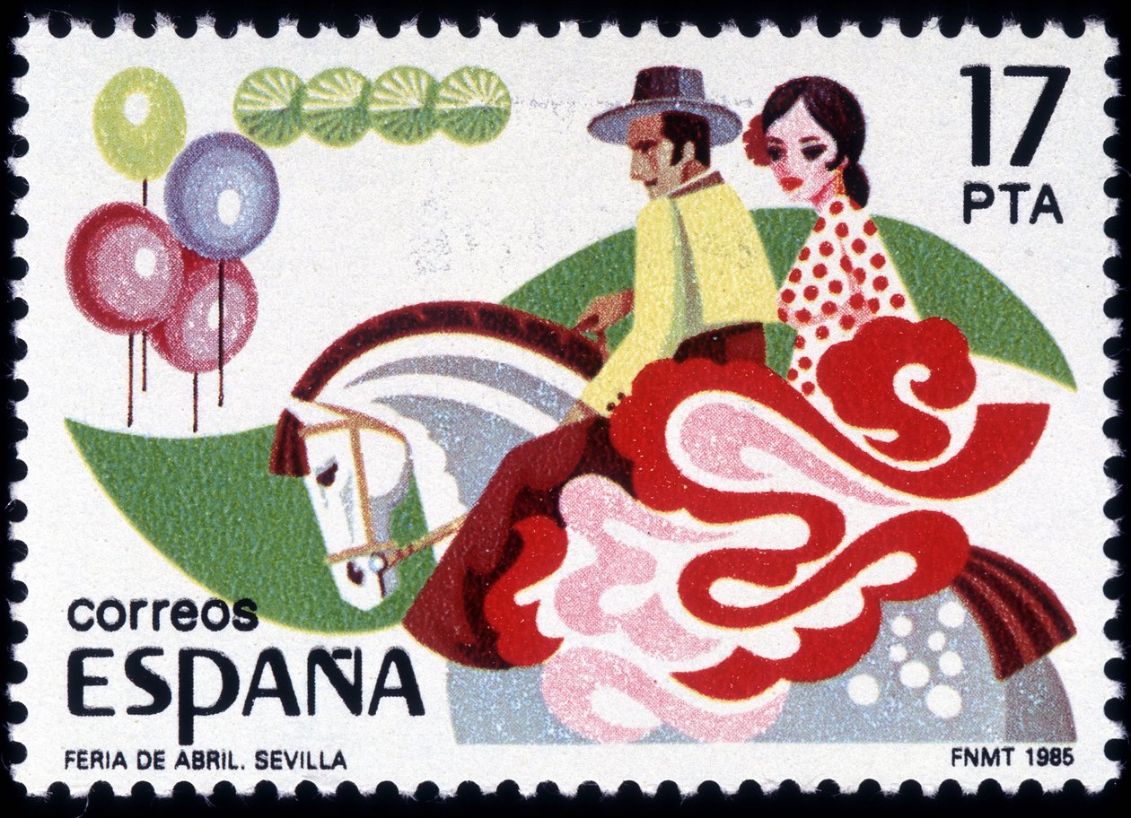 Feria Sewilli: para w stroju ludowym na koniu - znaczek hiszpański autorstwa Spanish School