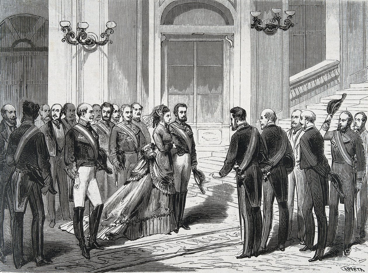 Król Hiszpanii Amedeusz I (Amedeo Ferdinando Maria di Savoia) (1845-1890) i jego żona królowa Maria Victory dal Pozzo della Cisterna (1847-1876) przybyli do Pałacu Królewskiego w Madrycie 19.03.1871. Grawerowanie z „La Ilustracion Espanola y America autorstwa Spanish School