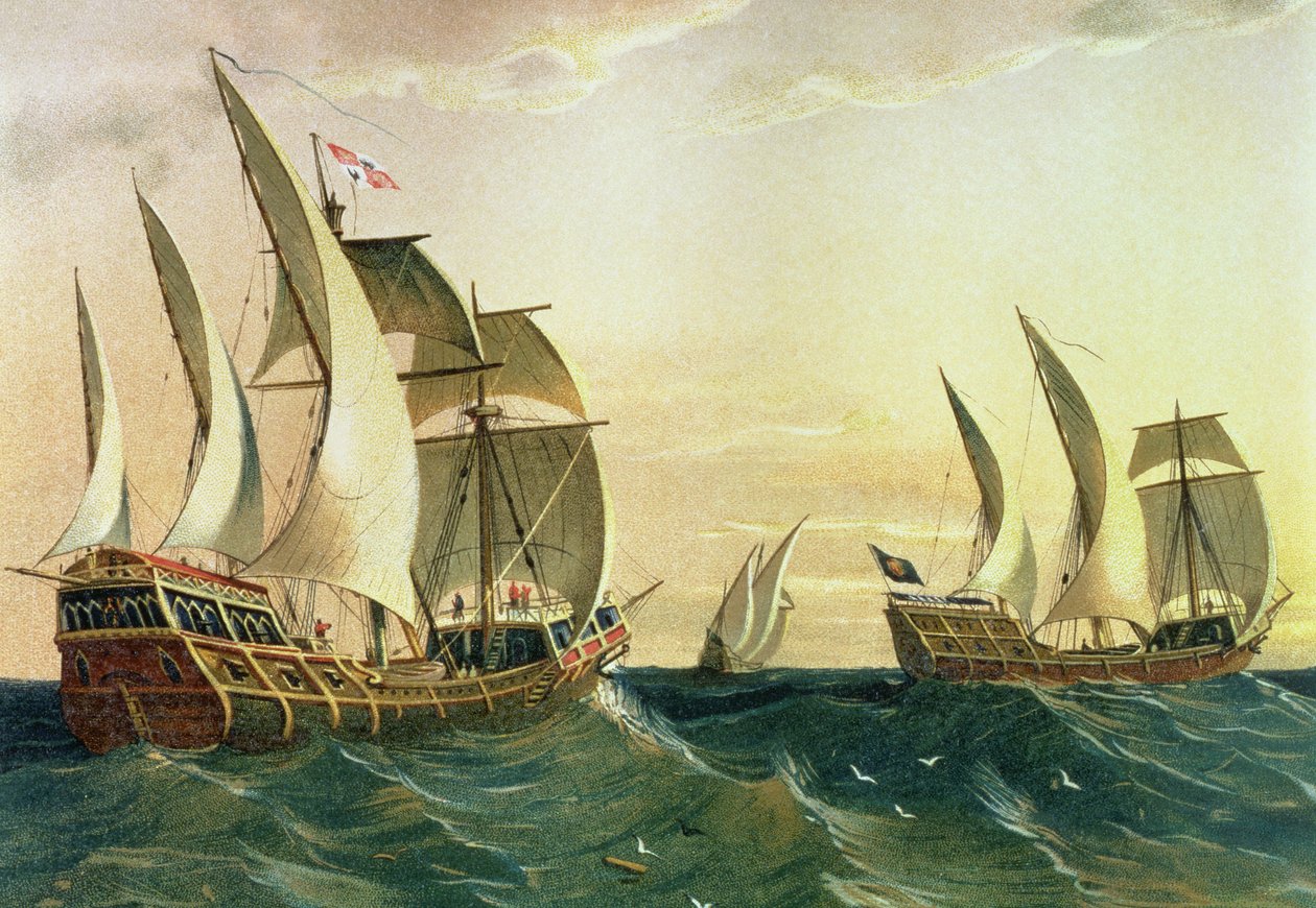„Pinta”, „Nina” i „Santa Maria” płynące w kierunku Indii Zachodnich w 1492 r., z „Odkrycia Ameryki” autorstwa Spanish School