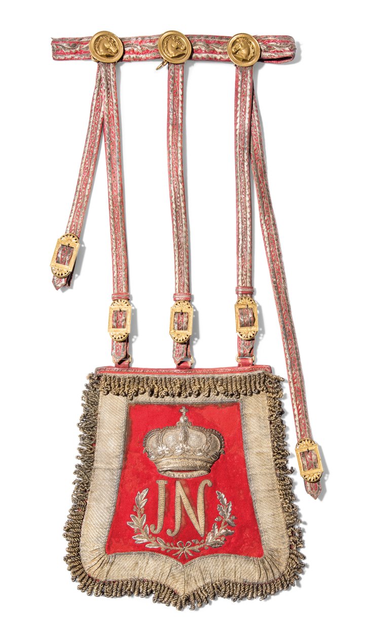 Sabretache Józefa-Napoleona Bonaparte, króla Hiszpanii, przed 1813 r. (czerwona skóra maroka z haftowanym złotem i pozłacanymi mosiężnymi oprawami) autorstwa Spanish School